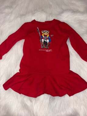 Ralph Lauren Baby Girls Red Polo Bear Skiing Fleece Dress 18M